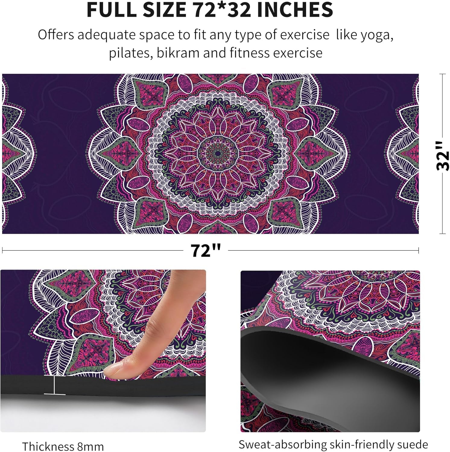 Suede TPE Yoga Mat High Density Non Slip Yoga Mats with Carrying Bag,72"X32" Extra Thick 8MM Exercise & Workout Mat for Yoga, Pilates and Fitness